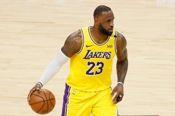 LeBron James handles the ball during Game 5 of the Lakers-Suns series in the opening round of the 2021 NBA playoffs