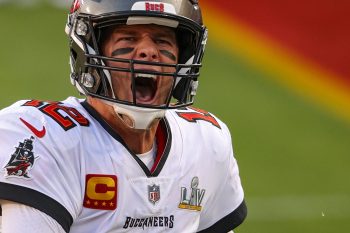 Tom Brady yells in excitement before Super Bowl 55.