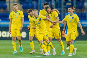 Andriy Yarmolenko of Ukraine celebrates after scoring his team's third goal with teammates during the international friendly match between Ukraine and Cyprus at Metalist Stadium on June 7, 2021 in Kharkiv, Ukraine.