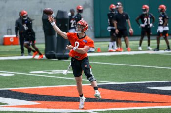 Joe Burrow throws a pass during practice.