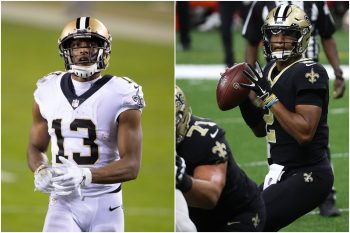 Saints wide receiver Michael Thomas looks up at the crowd as Jameis Winston stands in the pocket.