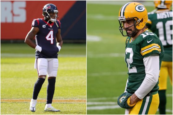 Deshaun Watson looks on as Aaron Rodgers looks to the sidelines.