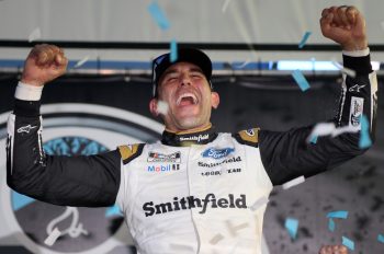 Aric Almirola celebrates his victory Sunday.