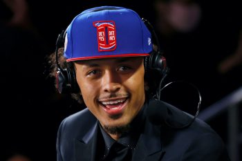 Cade Cunningham is interviewed after being drafted by the Detroit Pistons during the 2021 NBA Draft at the Barclays Center on July 29, 2021 in New York City.