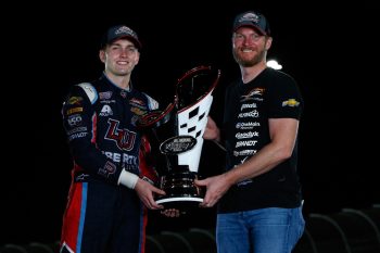 Dale Earnhardt Jr. with William Byron and Xfinity Series trophy