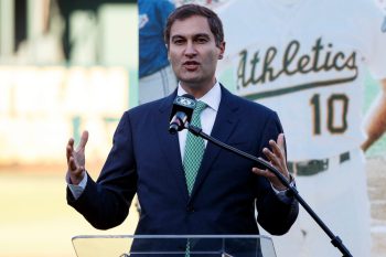 Oakland Athletics president Dave Kaval speaks to the fans before a game against the Texas Rangers in 2019