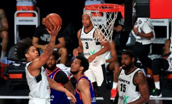 Daishen Nix of the G League Ignite drives to the basket during a G-League game against the Westchester Knicks at AdventHealth Arena at ESPN Wide World Of Sports Complex on February 18, 2021 in Lake Buena Vista, Florida.