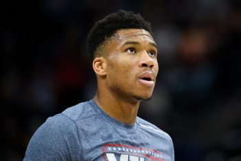 Giannis Antetokounmpo of the Milwaukee Bucks looks on before a game against the Utah Jazz.