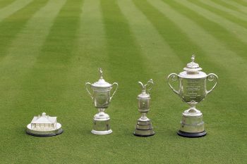 The major championship trophies of The Masters, U.S. Open, The Open Championship, and PGA Championship