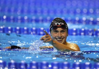 Katie Ledecky reacts after competing in the women’s 800-meter freestyle final during the U.S. Olympic Trials.