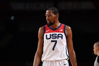 Kevin Durant looks on against Iran during a Group A game at the Tokyo Olympic Games in Saitama, Japan.