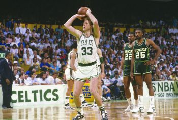 Larry Bird takes a foul shot during his Boston Celtics days.