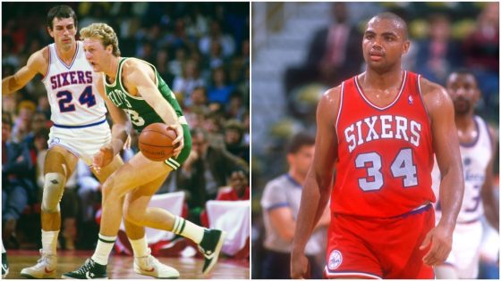 (L-R) Larry Bird of the Boston Celtics looks to drive on Bobby Jones of the Philadelphia 76ers during an NBA basketball game circa 198; Charles Barkley #34 of the Philadelphia 76ers in 1990.