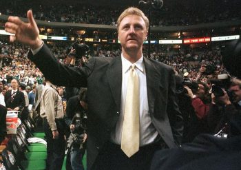 Larry Bird gives the Boston crowd a thumbs up during his time with the Indiana Pacers.