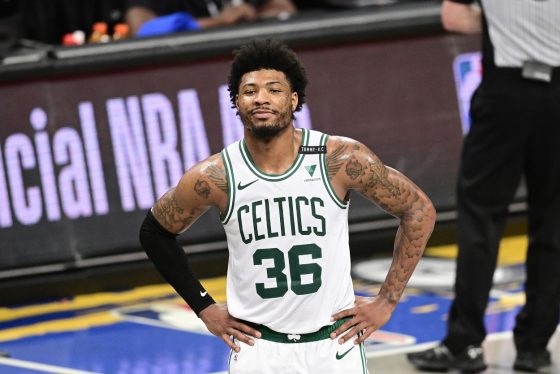 Marcus Smart looks on during Game 5 against the Brooklyn Nets.