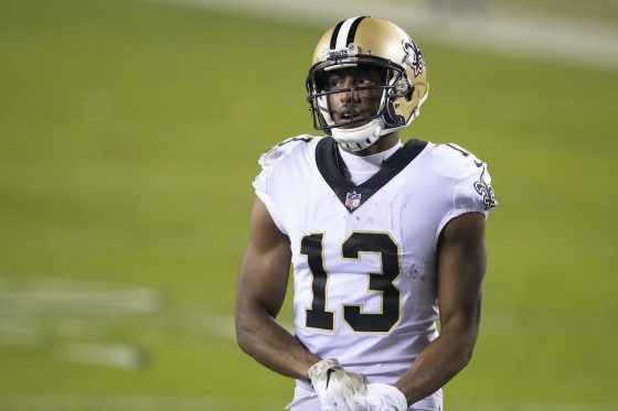 Michael Thomas of the New Orleans Saints looks on against the Philadelphia Eagles at Lincoln Financial Field on December 13, 2020 in Philadelphia, Pennsylvania.