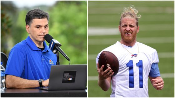 (L-R) Pro Football Talk's Mike Florio broadcasts during the 2018 NFL Annual Meetings at the Ritz Carlton Orlando, Great Lakes on March 26, 2018; Cole Beasley of the Buffalo Bills during OTA workouts at Highmark Stadium on June 2, 2021 in Orchard Park, New York.