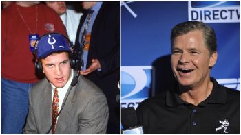 (L-R) First round draft pick Peyton Manning of the Indianapolis colts talks with the Media after he was drafted by the Colts during the NFL Draft April 18, 1998 at the Theatre at MSG in the Manhattan borough of New York City; Radio personality Dan Patrick is interviewed by the media during the DIRECTV Old School Challenge Presented by ESPN at the 69th Regiment Armory on August 25, 2011 in New York City.