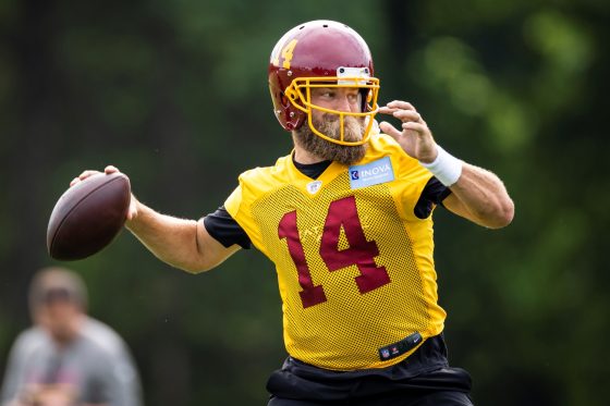 Washington Football Team quarterback Ryan Fitzpatrick throws during minicamp practice.