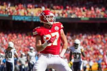 Kansas City Chiefs tight end Travis Kelce celebrating in 2016.