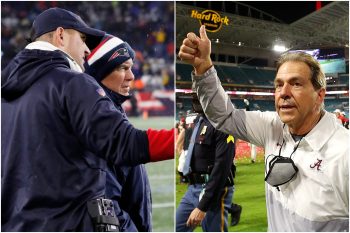 Joe Judge speaks to New England Patriots head coach Bill Belichick during a game as Alabama Crimson Tide coach Nick Saban gives a thumbs up after winning his most recent national championship.