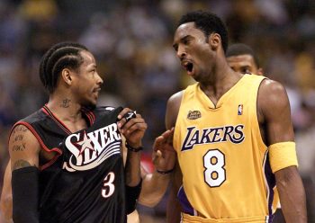 Allen Iverson (L) and Kobe Bryant (R) exchange words on the court.