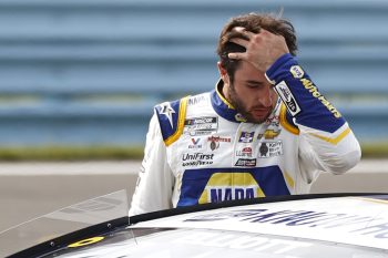 Hendrick Motorsports driver Chase Elliott exits his No. 9 Chevy after the NASCAR Cup Series race at Watkins Glen International on Aug. 8, 2021.