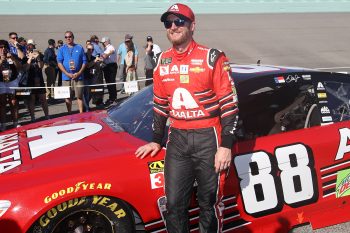 Dale Earnhardt Jr. takes part in pre-race ceremonies for the Monster Energy NASCAR Cup Series Championship Ford EcoBoost 400 at Homestead-Miami Speedway on November 19, 2017.