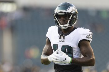 Jalen Reagor warms up ahead of a Philadelphia Eagles preseason game