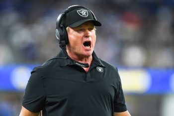 Las Vegas Raiders head coach Jon Gruden yells during a preseason game against the Los Angeles Rams.