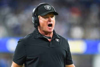 Las Vegas Raiders head coach Jon Gruden yells during the NFL preseason game between the Las Vegas Raiders and the Los Angeles Rams on August 21, 2021, at SoFi Stadium in Inglewood, CA.