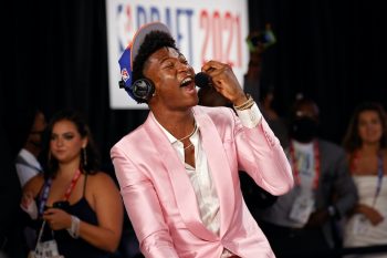 Kai Jones is interviewed at the NBA draft after being drafted by the New York Knicks during the 2021 NBA Draft at the Barclays Center on July 29, 2021 in New York City.