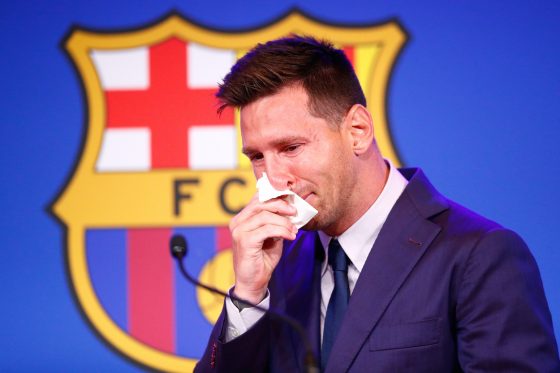 Lionel Messi of FC Barcelona faces the media during a press conference at Nou Camp on August 08, 2021 in Barcelona, Spain.