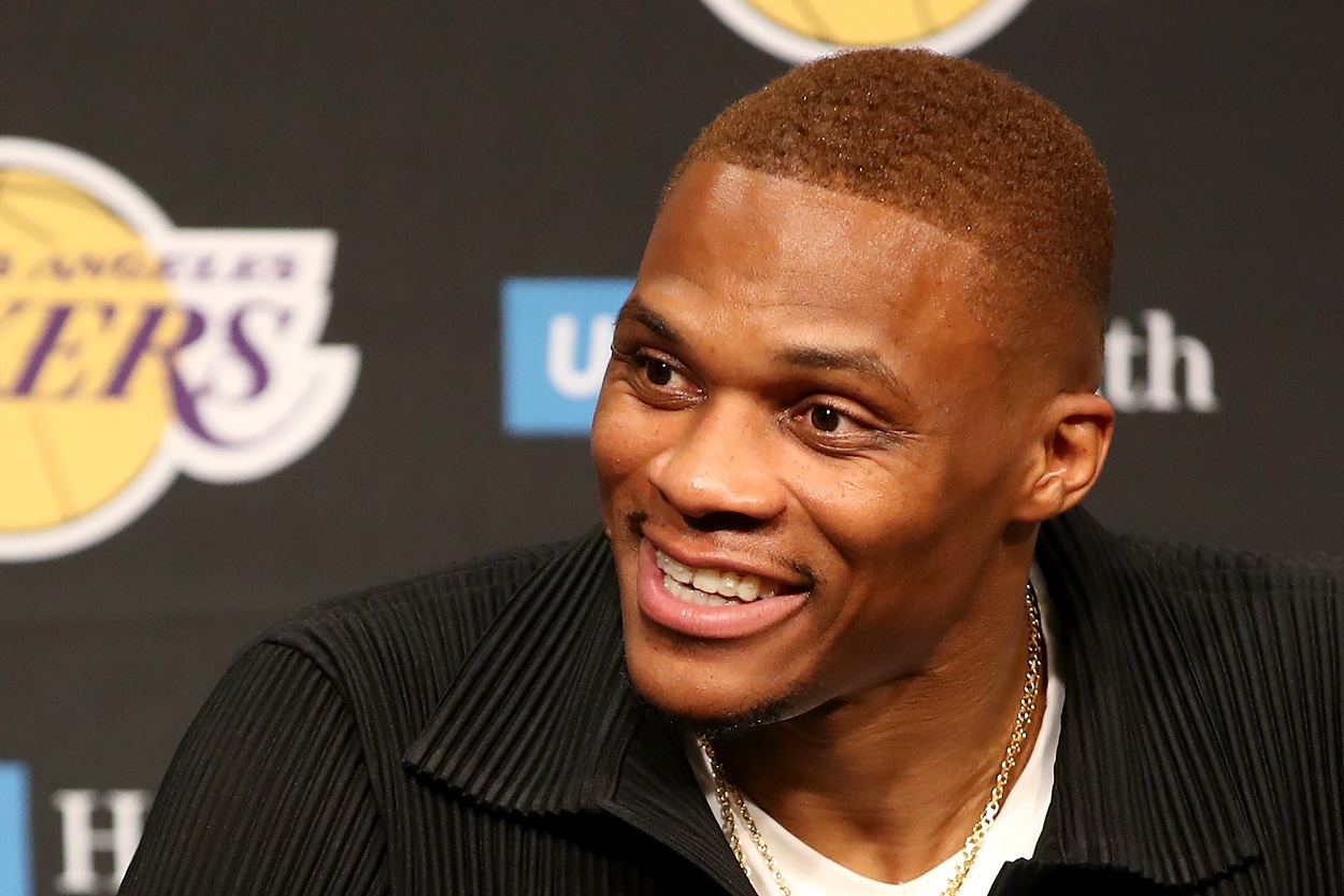 Russell Westbrook speaks at his introductory press conference as a member of the Lakers.