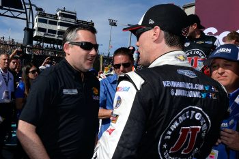 Tony Stewart visits with Kevin Harvick