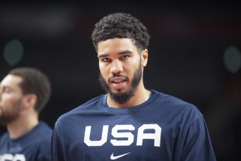 Boston Celtics star Jayson Tatum warms up during the Olympics