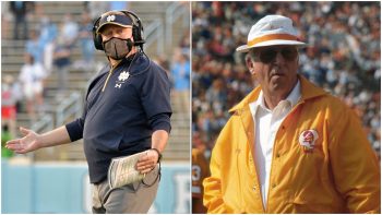 (L-R) Head coach Brian Kelly of the Notre Dame Fighting Irish reacts during the first half of their game against the North Carolina Tar Heels at Kenan Stadium on November 27, 2020; Head coach John McKay of the Tampa Bay Buccaneers looks on from the sidelines during an NFL football game circa 1983 at Tampa Stadium in Tampa Bay, Florida. McKay coached the Buccaneers from 1976-84.