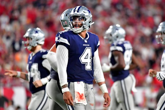 Dallas Cowboys quarterback Dak Prescott looks on during a game against the Tampa Bay Buccaneers from Week 1 of the 2021 NFL season.