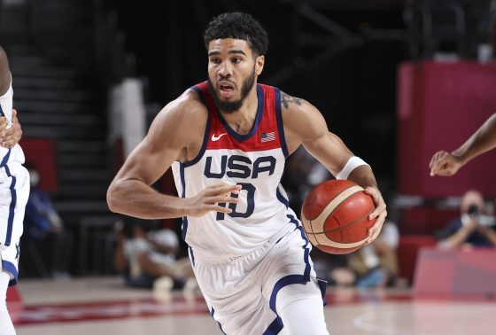 Celtics star Jayson Tatum drives during the 2020 Tokyo Olympics