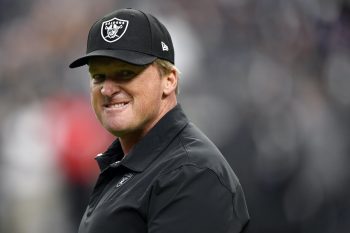 Head coach Jon Gruden of the Las Vegas Raiders looks on ahead of the game against the Baltimore Ravens at Allegiant Stadium on September 13, 2021 in Las Vegas, Nevada.