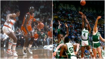 Bulls legend Michael Jordan dribbles and Bucks great Sidney Moncrief shoots in 1986