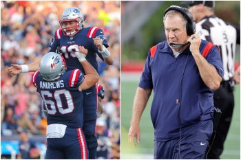 New England Patriots center David Andrews lifts quarterback Mac Jones in the air to celebrate a touchdown while Bill Belichick watches from the sidelines.