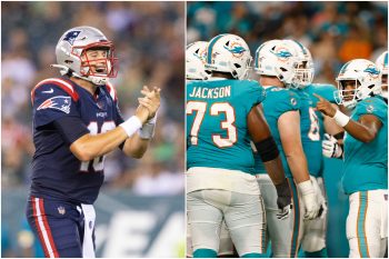 New England Patriots quarterback Mac Jones celebrates scoring a touchdown while Miami Dolphins quarterback Tua Tagovailoa leads the huddle.