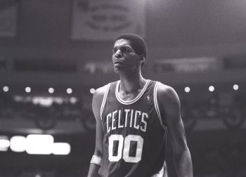 Robert Parish of the Boston Celtics takes a break during the during a game against the New York Knicks on May 6,, 1988.