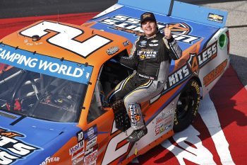 Sheldon Creed celebrates after winning the NASCAR Camping World Truck Series In It To Win It 200 at Darlington Raceway on Sept. 5, 2021.