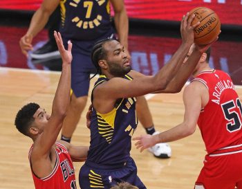 Pacers forward T.J. Warren drives to the rim during a game in December