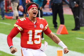 Patrick Mahomes screams after scoring a touchdown