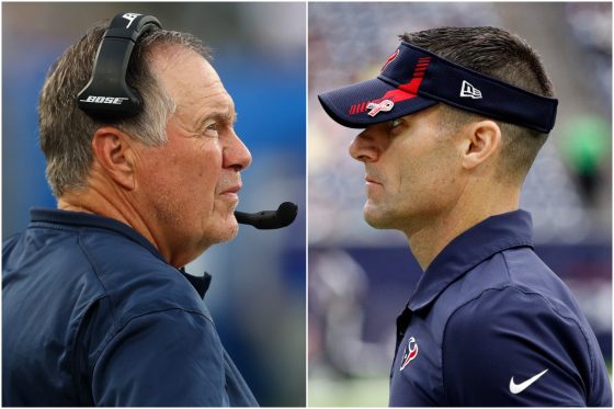 New England Patriots head coach Bill Belichick looks on as Houston Texans GM Nick Caserio watches his team play.