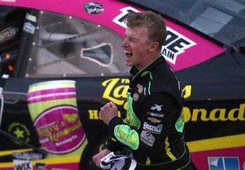 Brandon Brown, driver of the No. 68 Chevrolet, celebrates after winning the NASCAR Xfinity Series Sparks 300 at Talladega Superspeedway on Oct. 2, 2021.