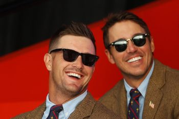 Bryson DeChambeau and Brooks Koepka attend the opening ceremony for the 43rd Ryder Cup at Whistling Straits on Sept. 23, 2021, in Kohler, Wisconsin.